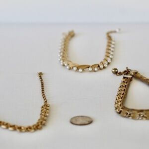 Group of 3 faux gold toned necklaces jewelry imitation pearls, rubies Fun